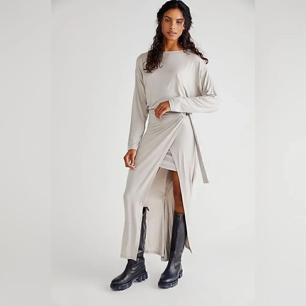 NEW FREE PEOPLE ALYSSA LONG SLEEVE WRAP DRESS TAUPE
